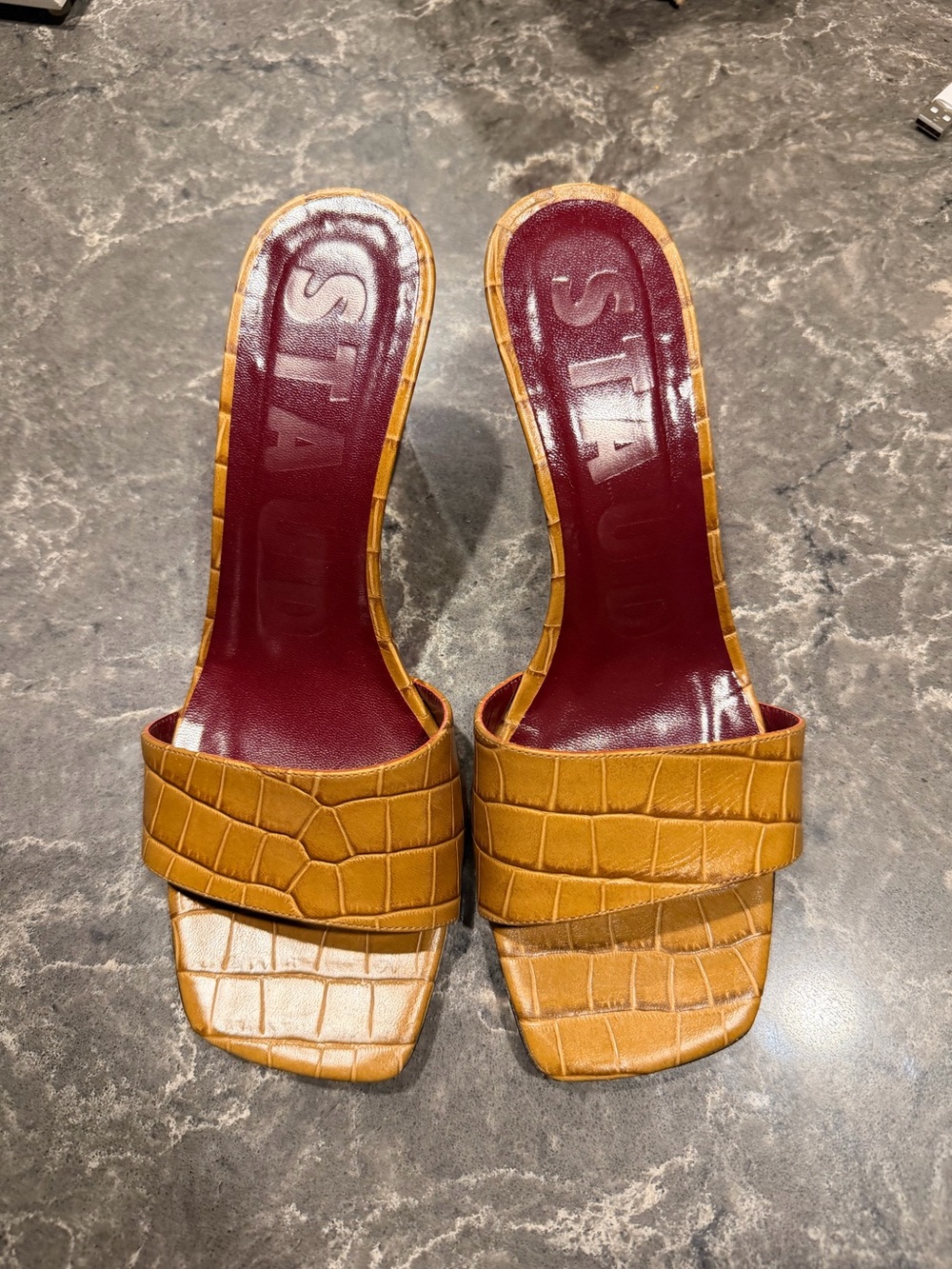 Staud Women's Billie Cognac Croc-Embossed Slide Sandals Wedge 7.5